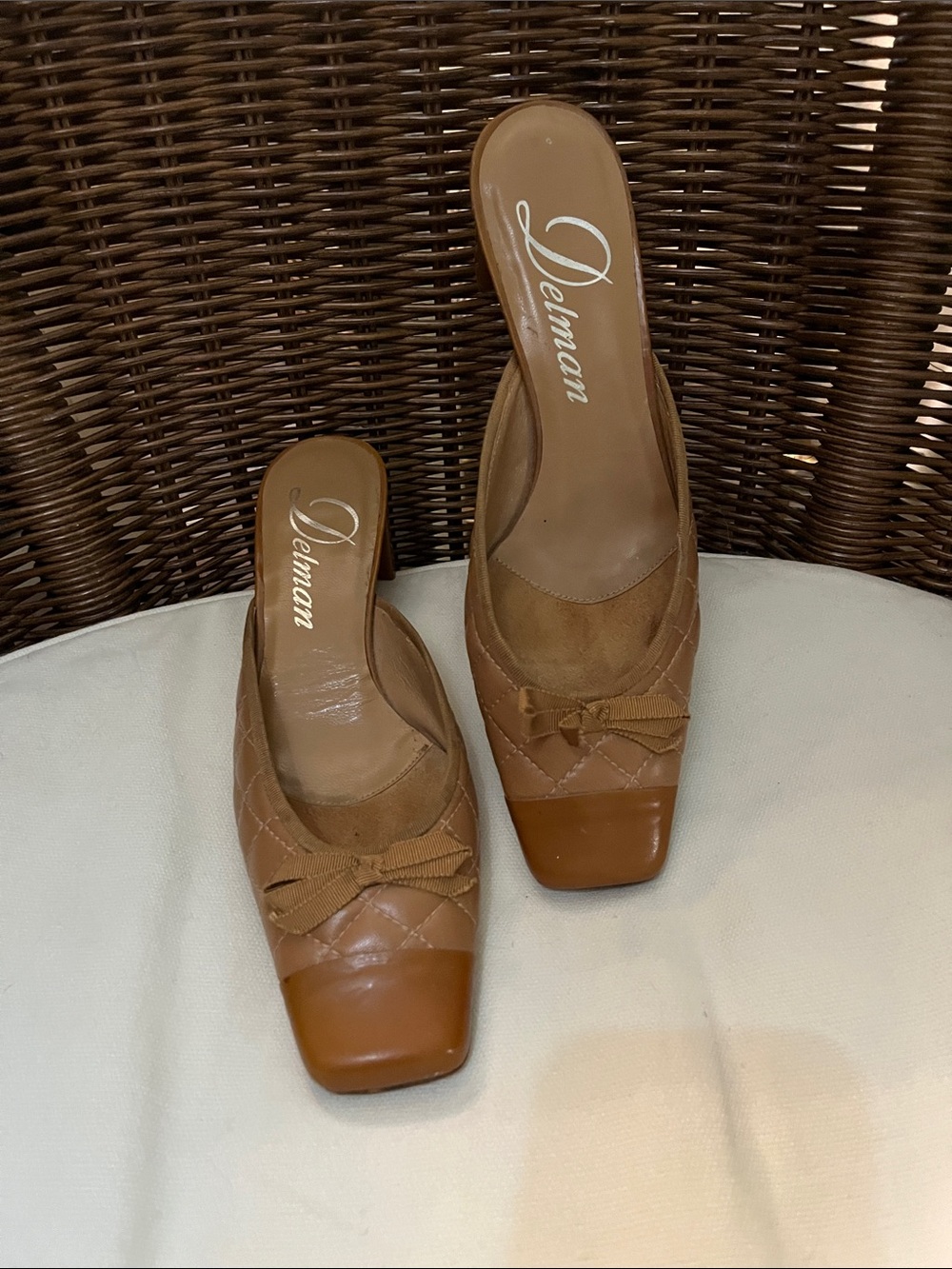 Delman Quilted vintage Tan Slip-On Mules with Bow Accent